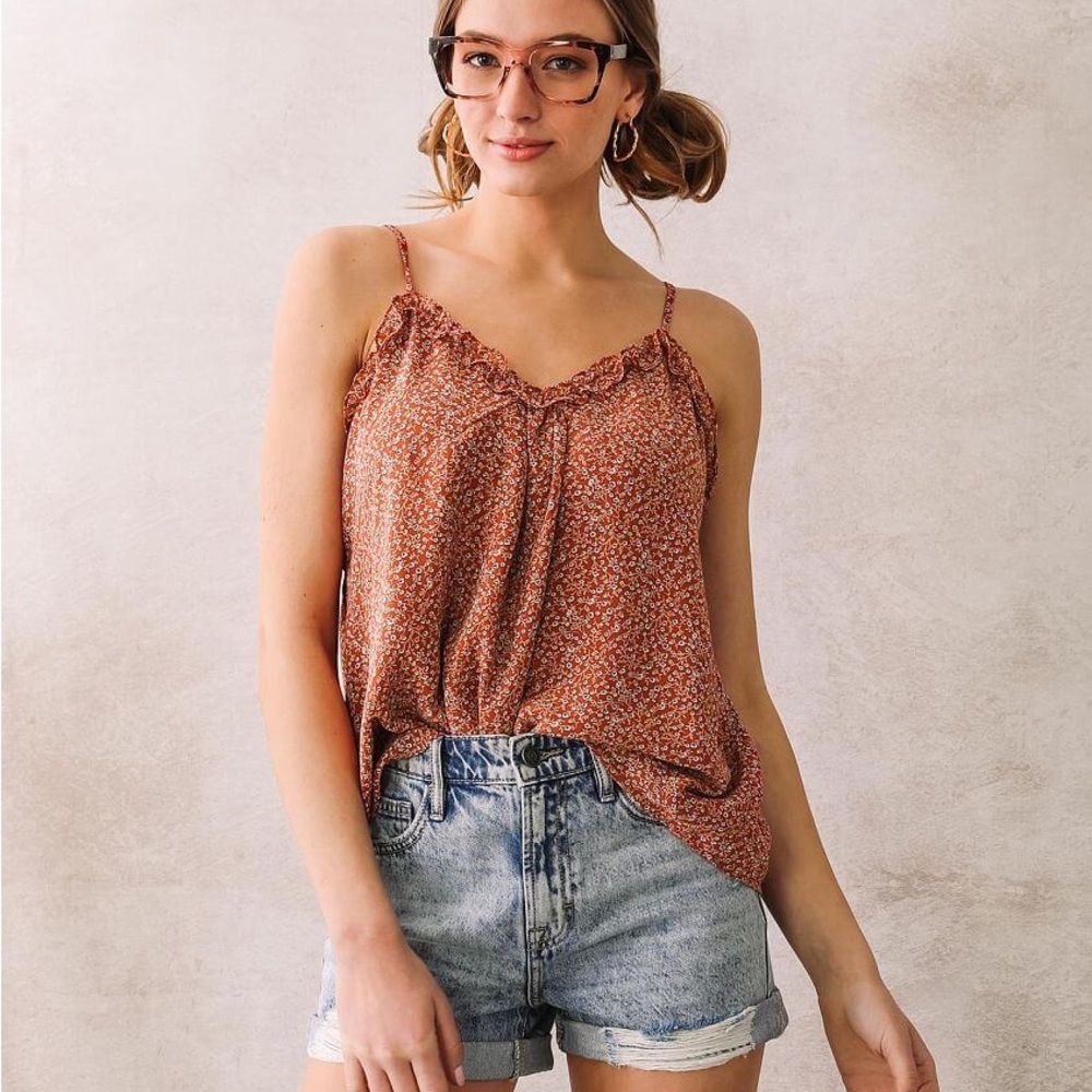 L Willow Root Crochet Large Boho Tank Top Floral Ruffle Peasant Cami Blouse BKE